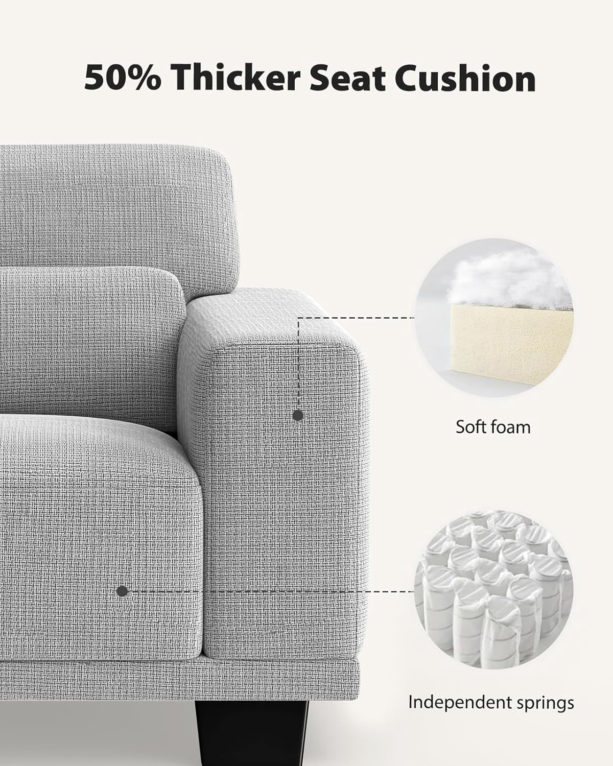 Pipishell 40″ Sofa Couch, 1-Seater Couches with Wide Armrests & Deep Cushions, Modern Linen Fabric Sofas for Living Room,  Upholstered Couch with Removable Washable Covers, Grey