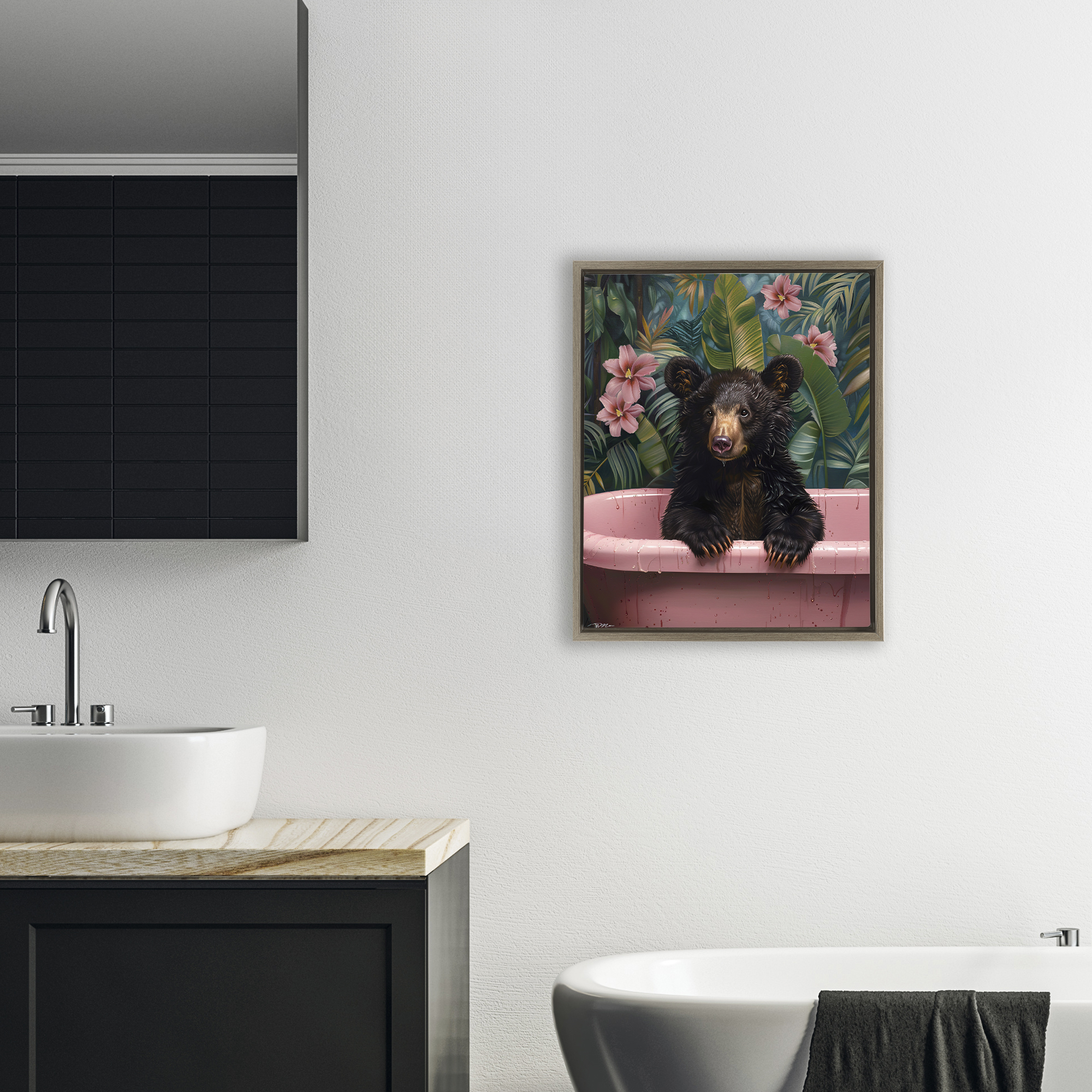 Bruno Bear in Pink Tub Brown Framed Floater Canvas Wall Art, design by Momart