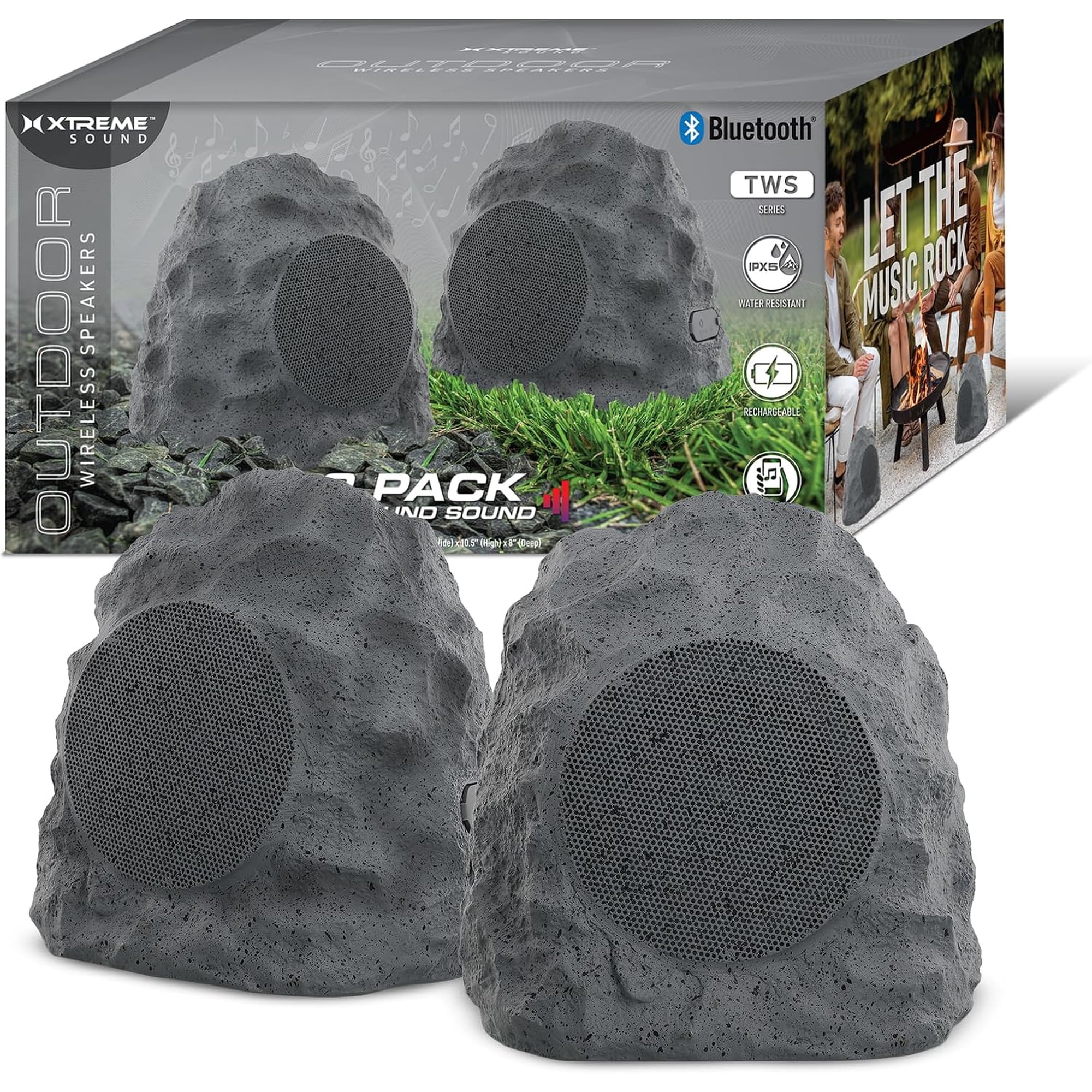 Xtreme Outdoor Bluetooth Rock Speakers 2 Pack, Camouflaged Wireless Speakers, IPX5 Water-Resistant, True Wireless Stereo, Aux Port, 33 Foot Bluetooth Range, Rechargeable up to 6 Hour Play Time