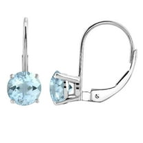 AoneJewelry Aquamarine Gemstone Leverback Earring for Women| 14K White Gold 4mm 0.55 Carat 2 Stone Round Cut Prong Setting Genuine Diamond
