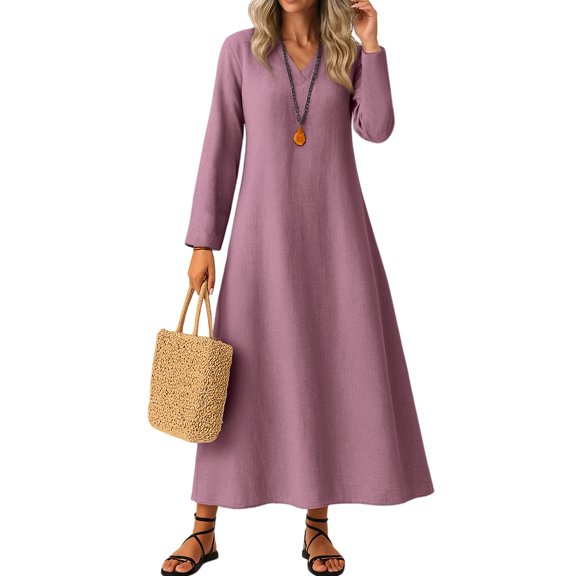 Qwertyu Linen Dress for Women V Neck Long Sleeve Boho Maxi Dress Casual Fall Solid Long Sundress Vacation Outfits Purple M