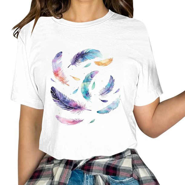 Blusas de Primavera para las Mujeres Crewneck Pluma Impresión Camiseta 95% Poliéster 5% Spandex, Moda Cómodo Top para las Mujeres de Uso Diario Y de Fiesta