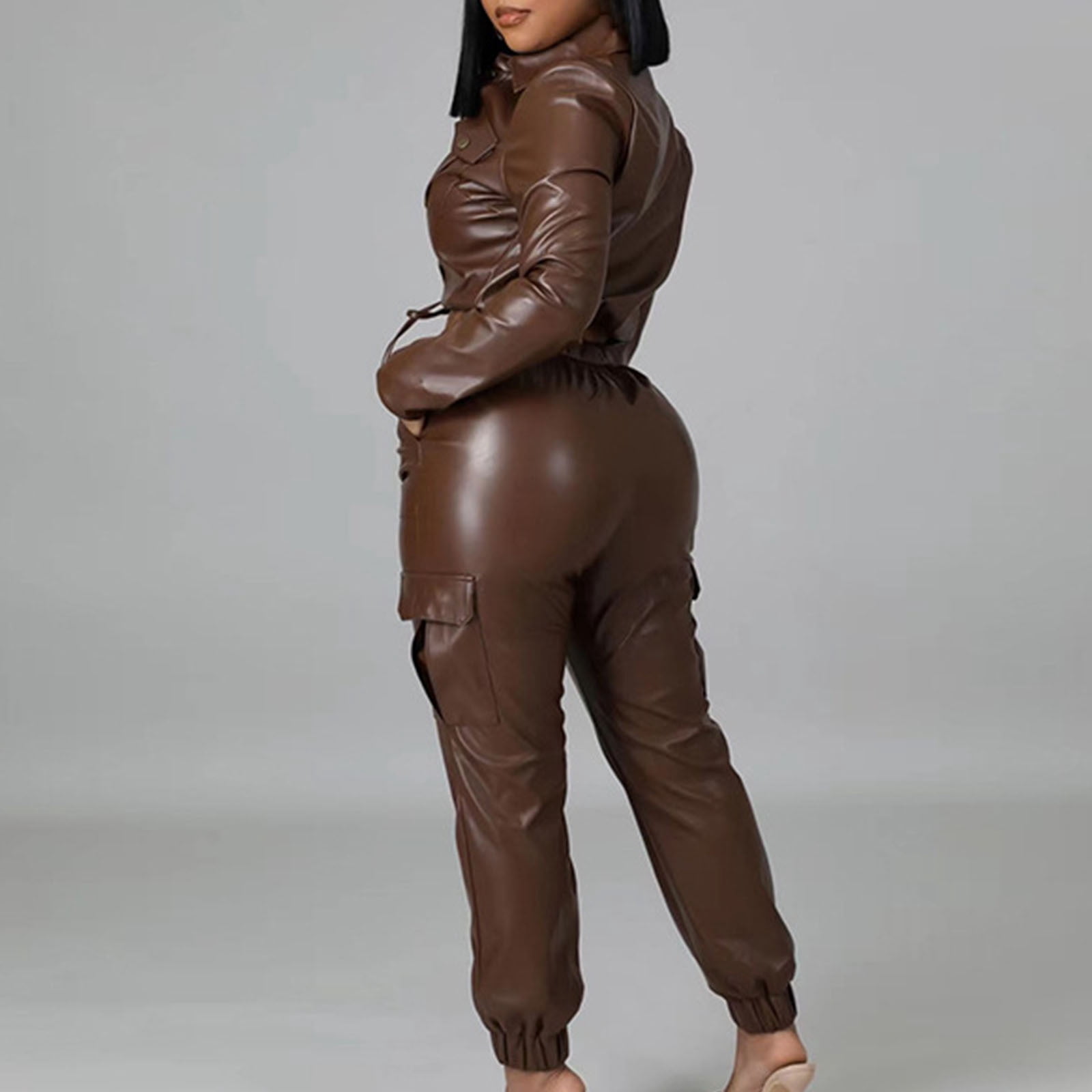RQYYD Women's Faux Leather 2 Piece Outfits Button Up Pocket Lapel Jacket Top Baggy PU Leather Cargo Pant Set