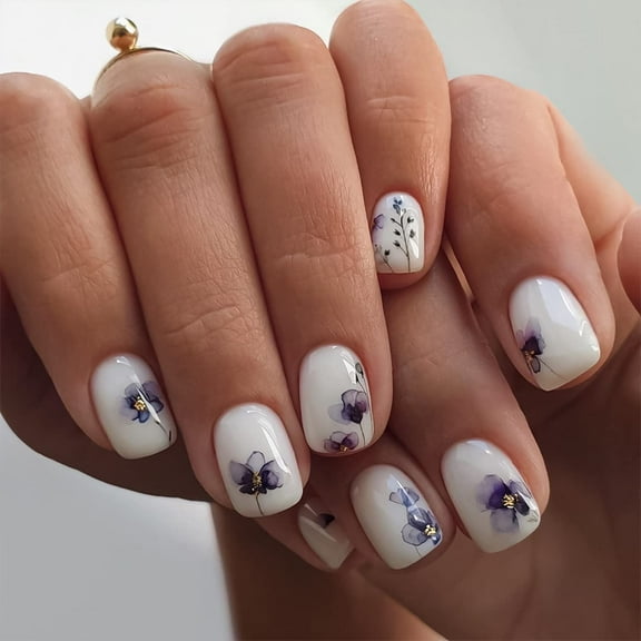 Spring Summer Press on Nails Short Square Fake Nails Purple Flowers Design Full Cover Artificial Glue on Nails White Glossy Acrylic False Nails for Women Girls Nail Manicure Decorations 24 Pcs Style