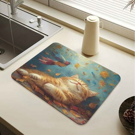

Wobogo Orange Cat Leaf Fall Dish Drying Mats Diatomaceous Earth Super Absorbent Non-slip Rubber Sole 19.7×15.7in