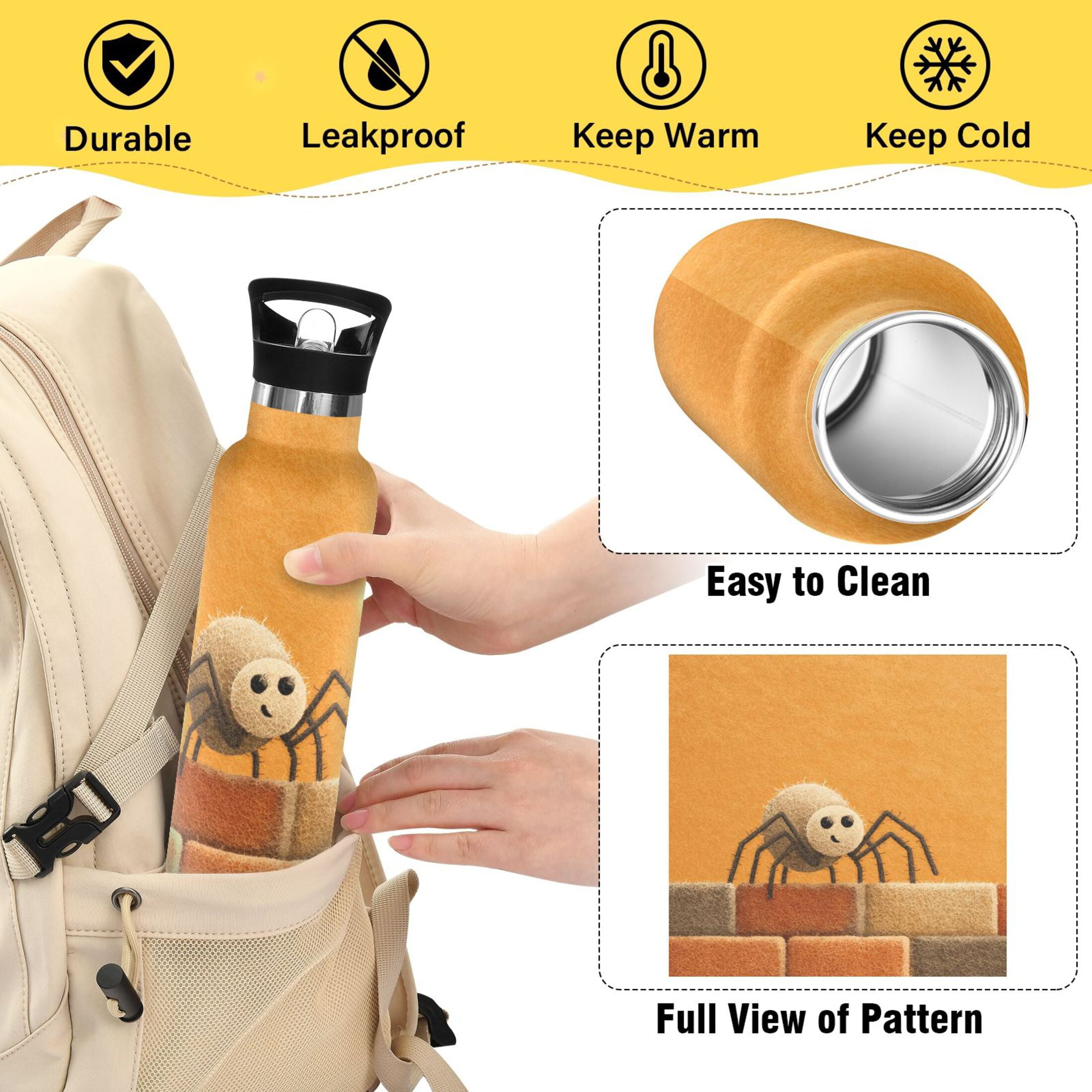 600ML Stainless Steel Insulated Cup Sports Water Bottle Portable Thermos Cup Water Glasses Insulated Tumblers Convenient and Durable A Cute Spider