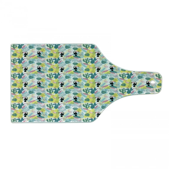 Tropical Cutting Board, Island Aloha Nature Art Pattern with Toucan Flamingos Cactuses and Exotic Leaves, Tempered Glass Cutting and Serving Board, Wine Bottle Shape, Multicolor, by Ambesonne