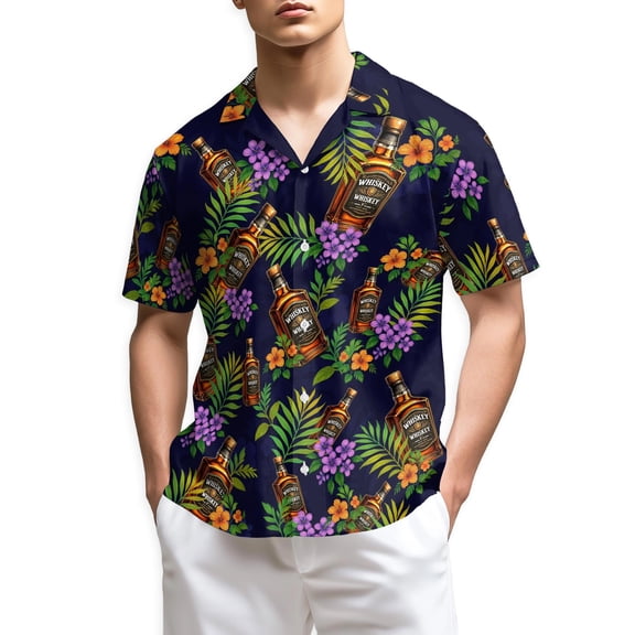 Netecom Whiskey Hawaiian Shirt for Men, Tropical Style, Button Down Summer Beach Short Sleeve, S-5XL