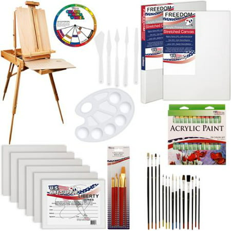 U.S. Art Supply 62-Piece Artist Acrylic Painting Set with Coronado French Style Sketch Box Easel, 24 Acrylic Paint Colors, 22 Brushes, 2 Stretched Canvases, 6 Canvas Panels, 2 Paint Palettes, 5 Knives