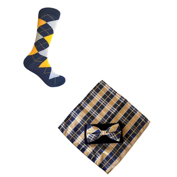 Triple M Plus Novelty Men's Argyle Socks with Bowtie and Pocket Square Set In Navy with Gold Yellow and Gray Color