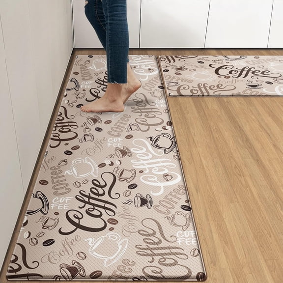 Coffee Cute Cafe Anti-Fatigue Kitchen Rug Set of 2 Cup Brown Farmhouse Vintage Cushioned Floor Standing Mat Waterproof Non-Slip Kitchen Mat and PVC Ergonomic Comfort Foam Rug