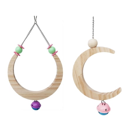 Conure Finches Natural Moon Shape Hanging Wooden Hammock with Bells Parrot Swing Perch Stand Bird Chew Toy 2PCS LARGE
