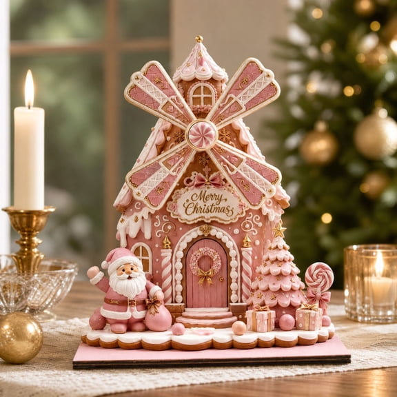 Zynviq Tabletop Ornament Christmas Windmill 1pc 5.91x5.12x0.39in Wood Pink For dining table centerpieces, entryway cabinets