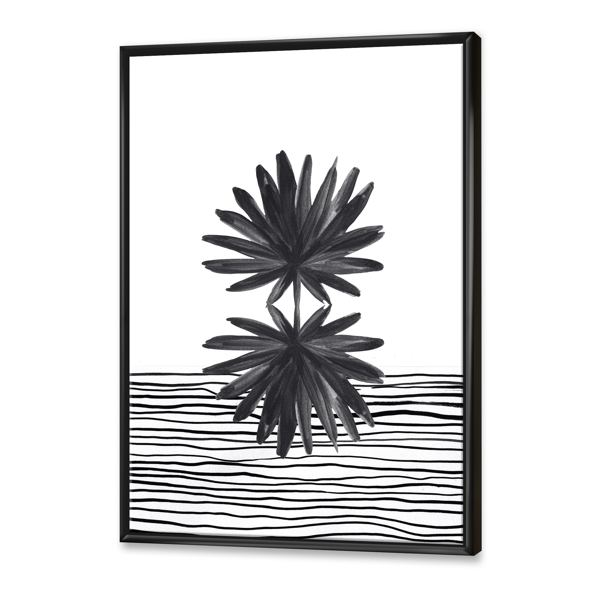 Designart 'Black and White Striped Under Tropical Leaf II' Modern Framed Canvas Wall Art Print