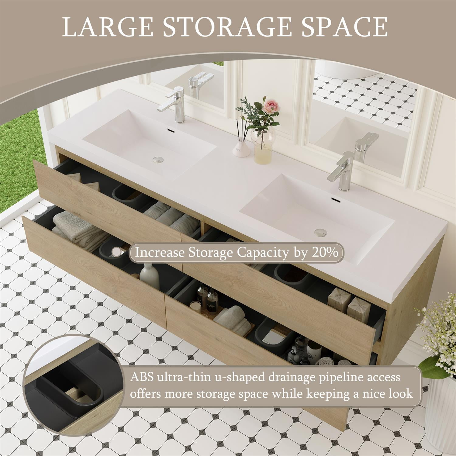 Demi Bonn 72" Floating Bathroom Vanity with Sink, Double Resin Top Basin and 4 Soft Close Drawers, Faucets and Drains Not Included, Brown