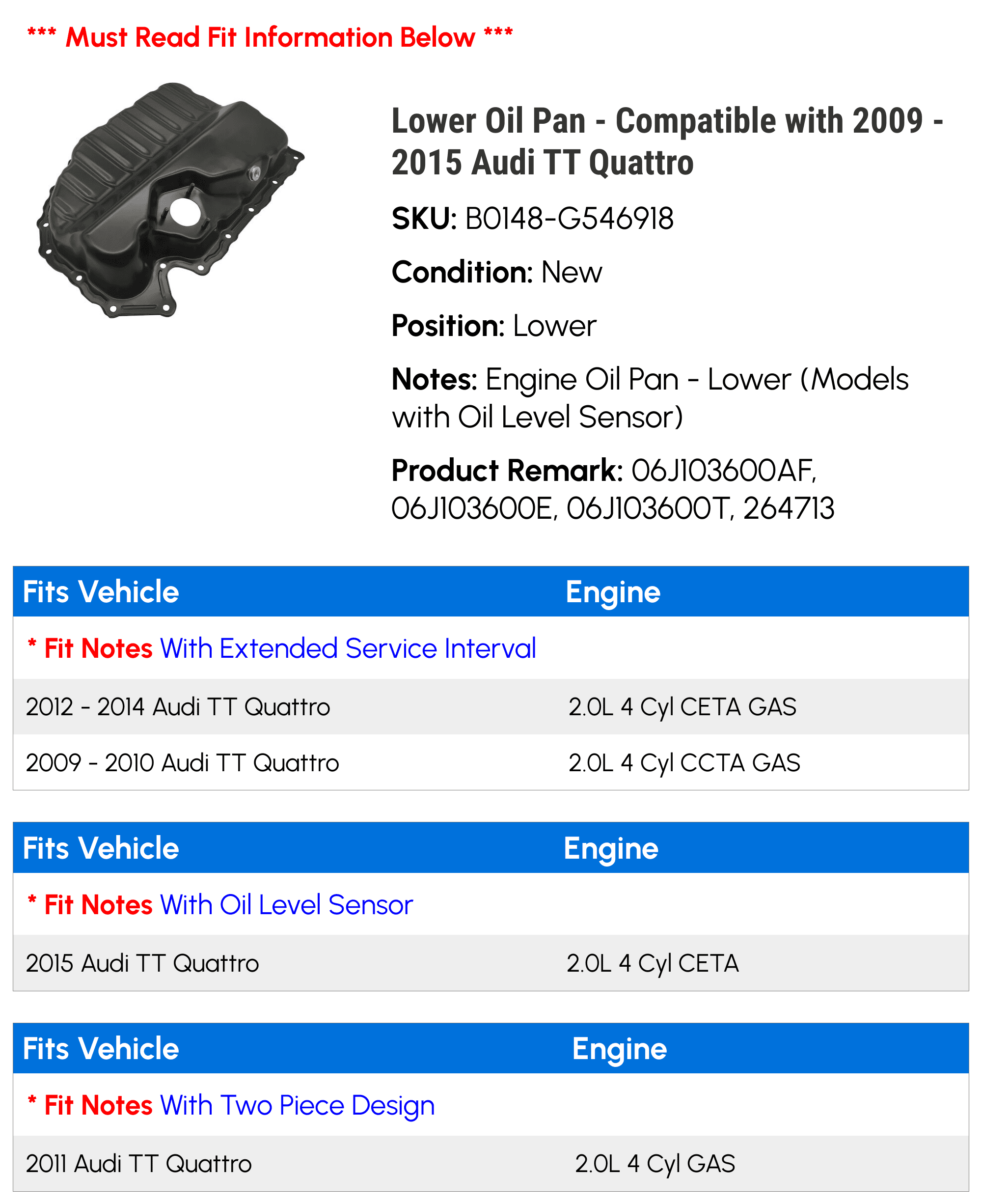 Lower Oil Pan - Compatible with 2009 - 2015 Audi TT Quattro - Replacement