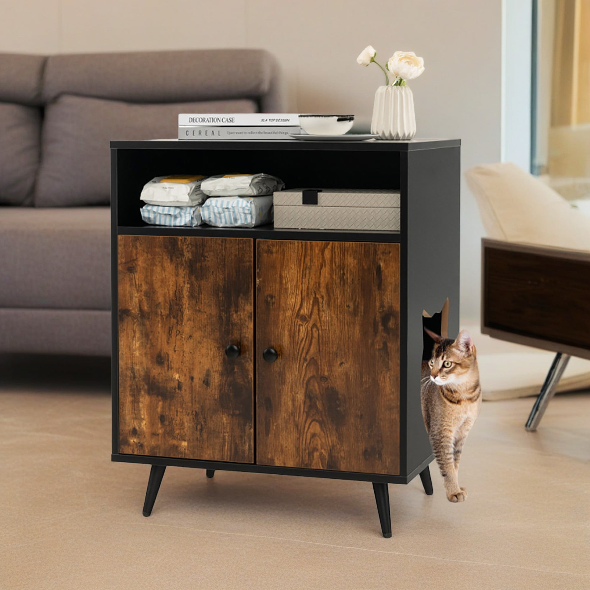 Pefilos 29" Wood Hidden Cat Litter Box Enclosure with Entry and Open Compartment, Cat Houses Condo Furniture Cabinet, Brown