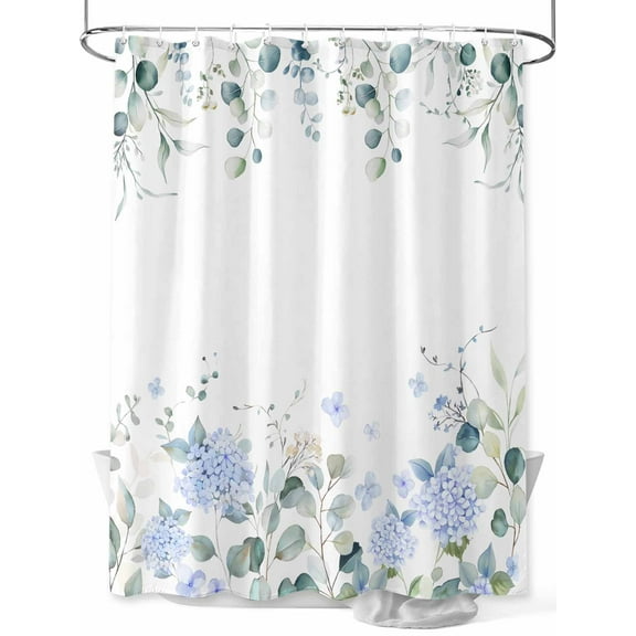 Blue Floral Hydrangeas Shower Curtain, Rustic Green Leaves Bathroom Decor Curtains Set with Hooks, White Waterproof Fabric Home Accessories， 66 X 72 Inch Long