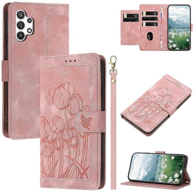 For Samsung Galaxy A32 5G M32 5G Case Tulip Leather Phone Cover with 5 Card Slots Wallet - Pink