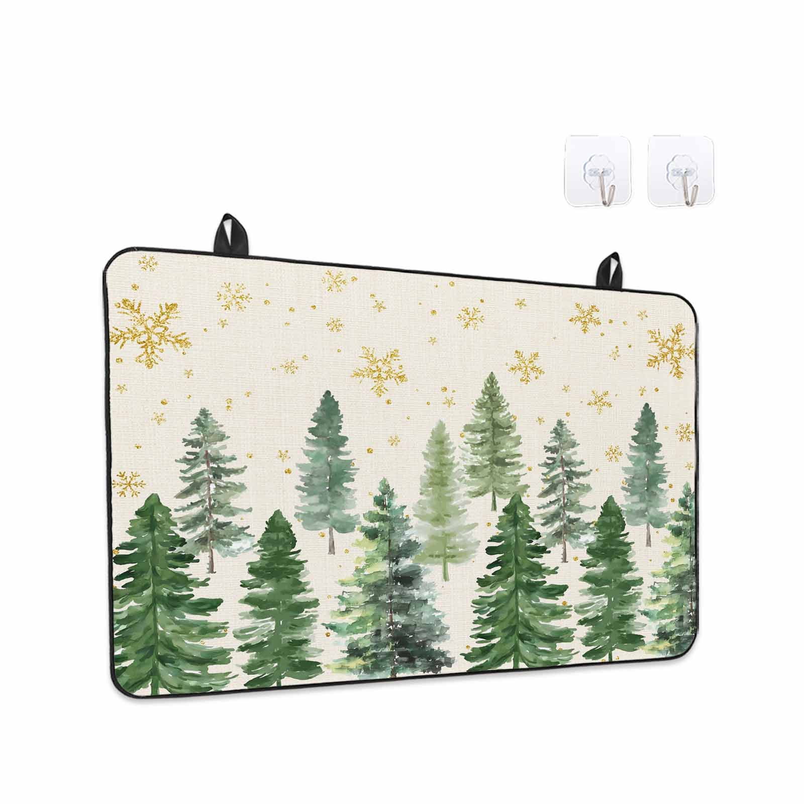 Rustic Christmas Tree Stove Top Cover for Electric Stove, Heat-proof & Non Slip Glass Top Stove Cover Protector, Winter Watercolor Gold Snowflakes Kitchen Flat Cooktop Rubber Mat 24x21 Inches