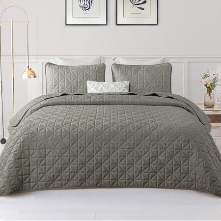 Exclusivo Mezcla King Size Quilt Bedding Set Lightweight Soft Light Grey King Bedspreads Coverlets with Geometric Stitched Pattern