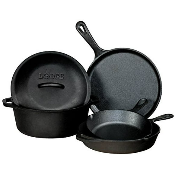 Lodge Seasoned Cast Iron 5 Piece Bundle. 10.5" Griddle, 8" Skillet, 10.25" Skillet, 10.25" Dutch Oven, and 10.25" Lid