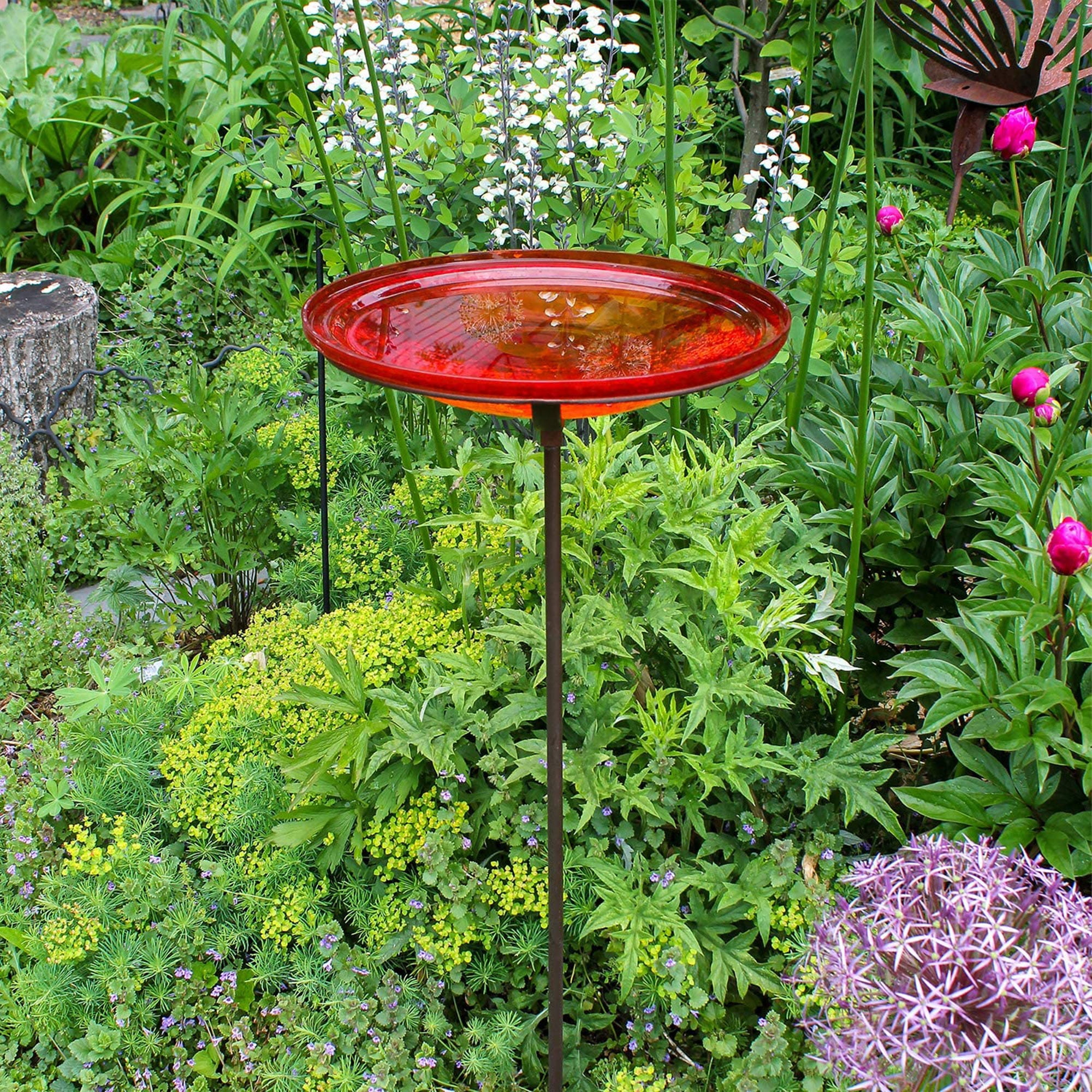 Achla Designs 14 In Hand Blown Crackle Glass Birdbath w/ Stake, Red