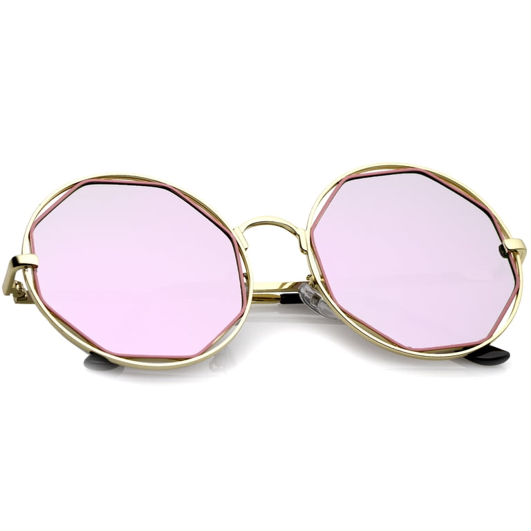 Gold and Pink Retro Round Sunglasses Gold Retro-Vintage Flexible Round Tinted Sunglasses with  main image 4