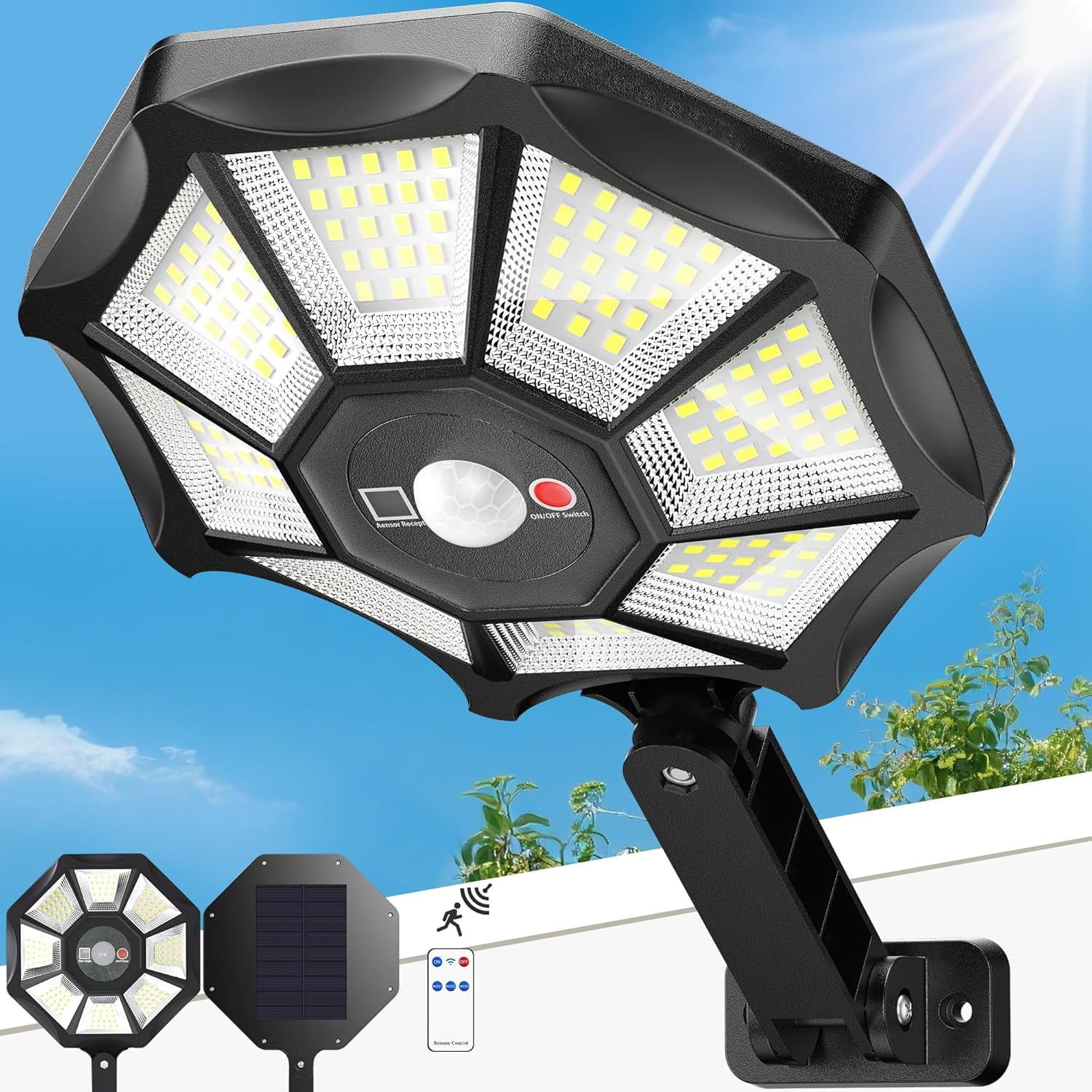 Solar Lights Outdoor - 168LED 6500K Daylight, 8-Sided Solar Flood Light with Motion Sensor and Remote Control, IP66 All-Weather, 3 Mode Dusk-to-Dawn for Pathway, Garden, Yard