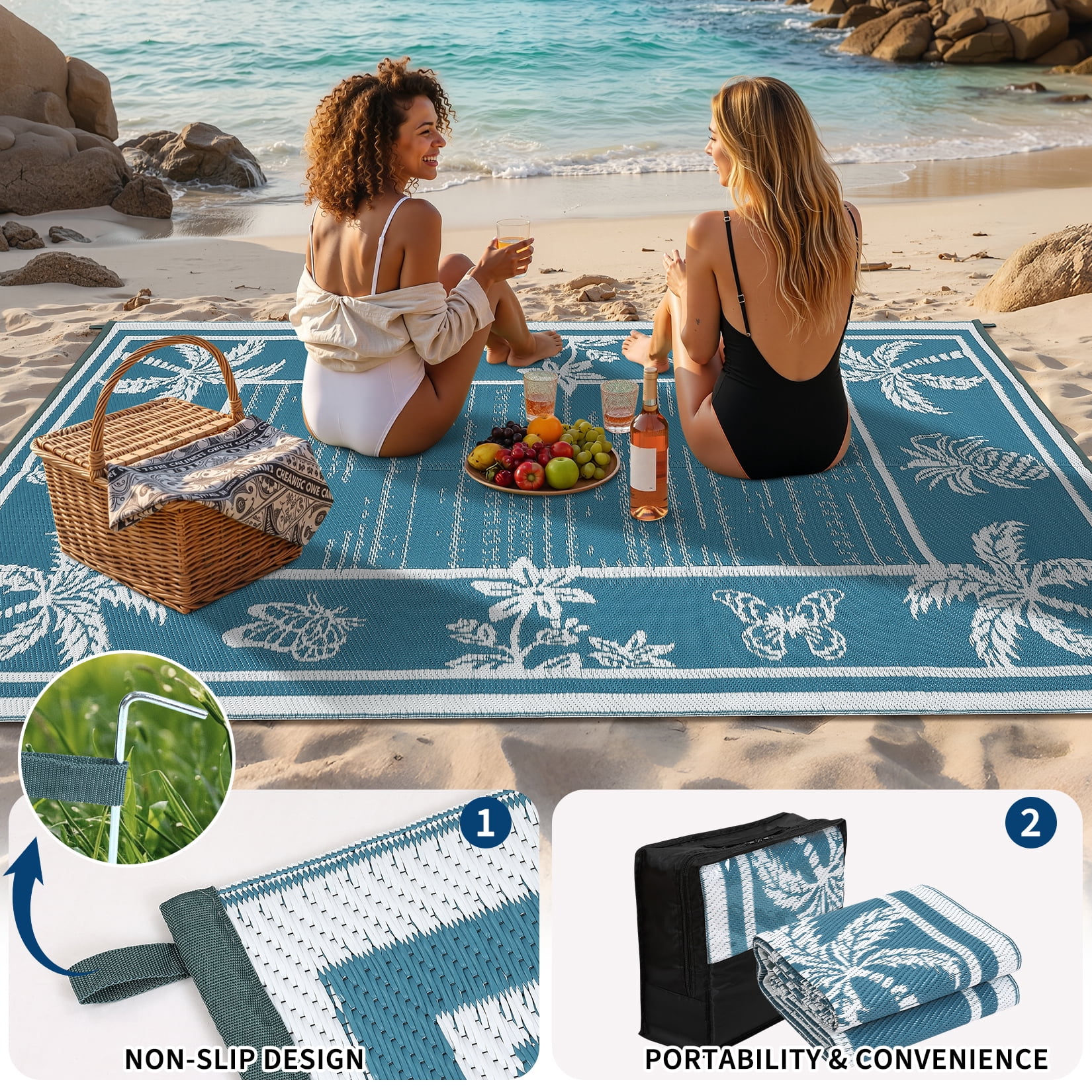 HIWEAVER Gray/Blue 8'x 10' Outdoor Rug Garden Decor Floral Bordered Carpet Plastic Straw Waterproof Reversible Patio Area Rug for Balcony Deck Picnic Portable Camping Mat