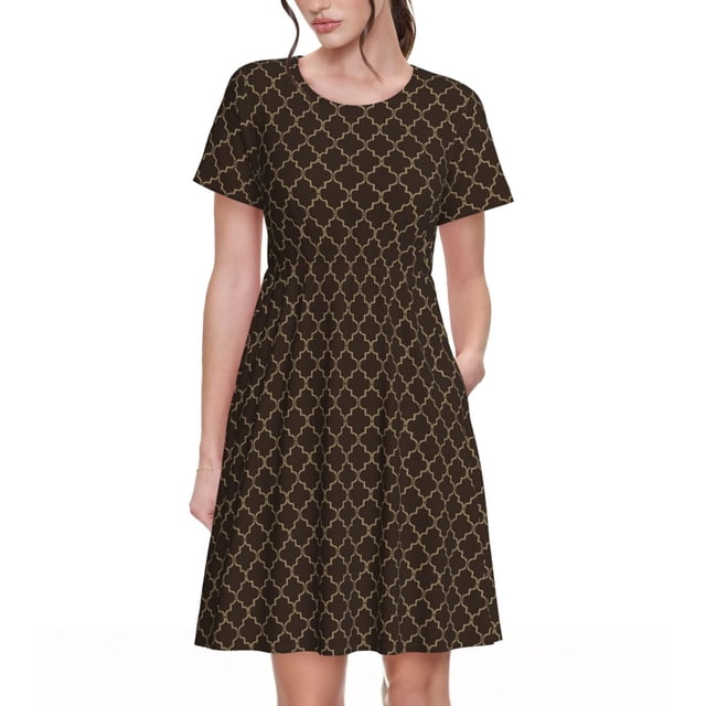 Honeii Robe à Manches Courtes Imprimé Treillis Marocain Marron pour Femmes, Robe Décontractée Confortable, Mélange Polyester Spandex Doux, Tenue Quotidienne Élégante pour l'Été, Parfaite pour les Voyages et les Vacances