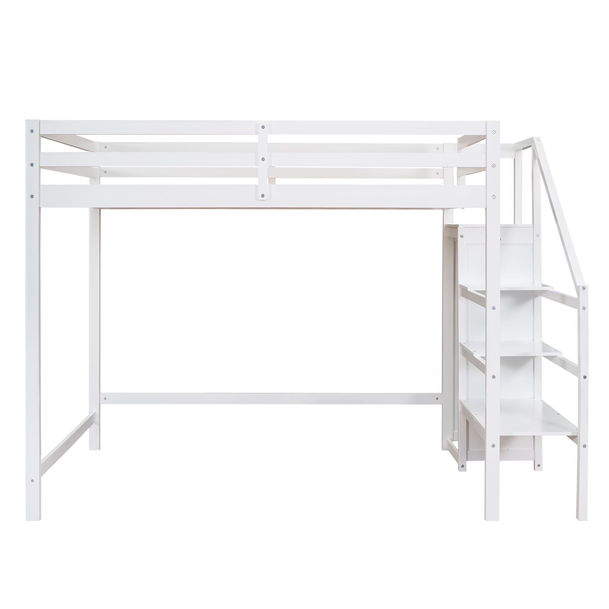 Aukfa Full Loft Bed with Built-in Storage Wardrobe, Solid Wood Bed Frame with Staircase for Kids Adults - White