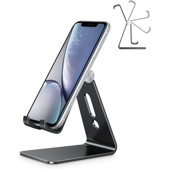 Adjustable Cell Phone Stand,  Aluminum Desktop Cellphone Stand with Anti-Slip Base and Convenient Charging Port, Fits All Smart Phones, Silver