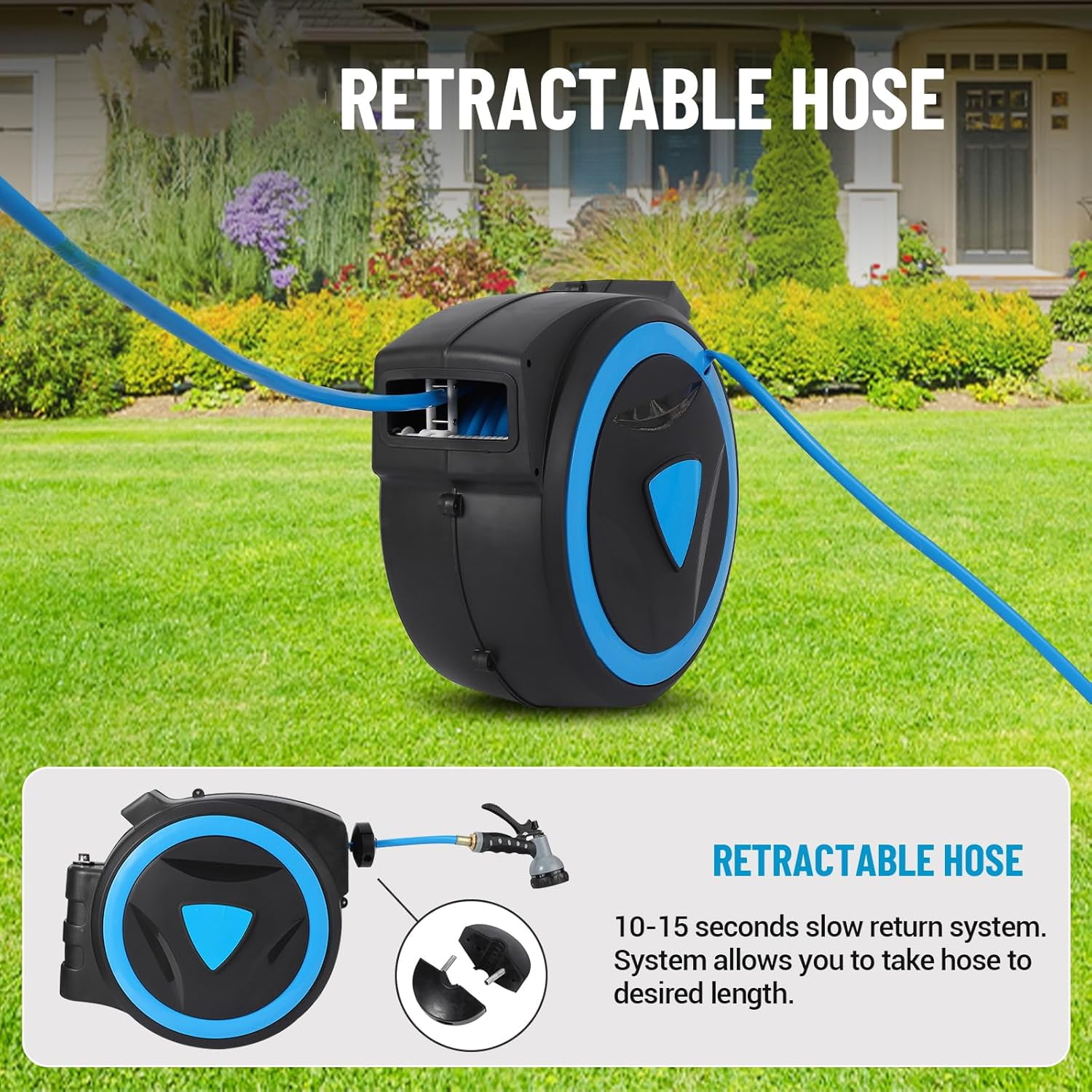 Roromall Retractable Garden Hose Reel, 5/8 inch x 65 ft 82 ft 90 ft Effortless Free Lock, Auto Rewind System, 9-Pattern Spray Nozzle