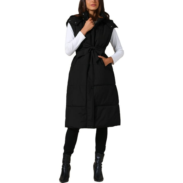INSPIRE CHIC Chaleco de Invierno sin Mangas con Capucha para Mujeres, con Bolsillos y Cinturón, Talla M, Negro