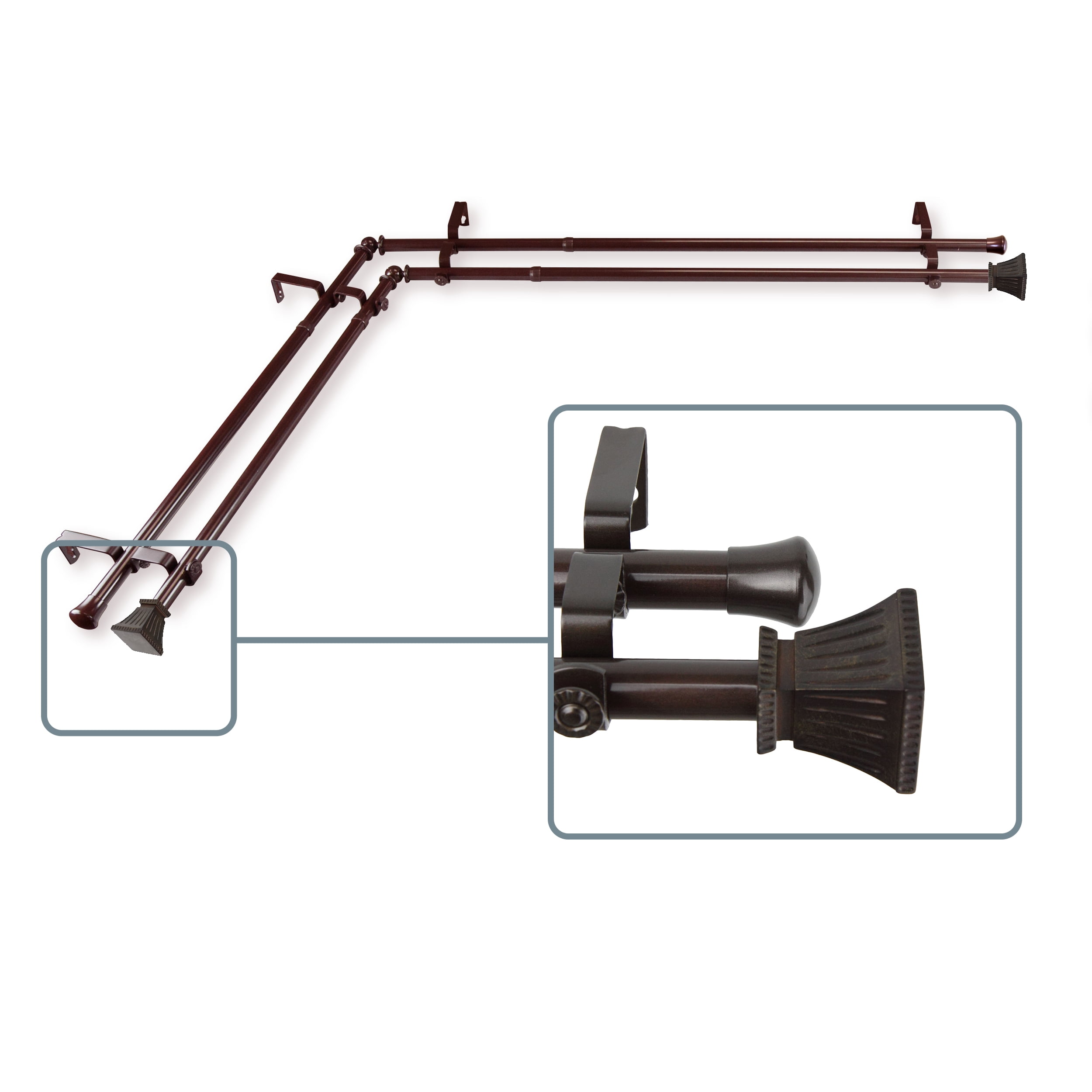 Aldo 13/16 inch Double Corner Window Curtain Rod 48-84" - Cocoa