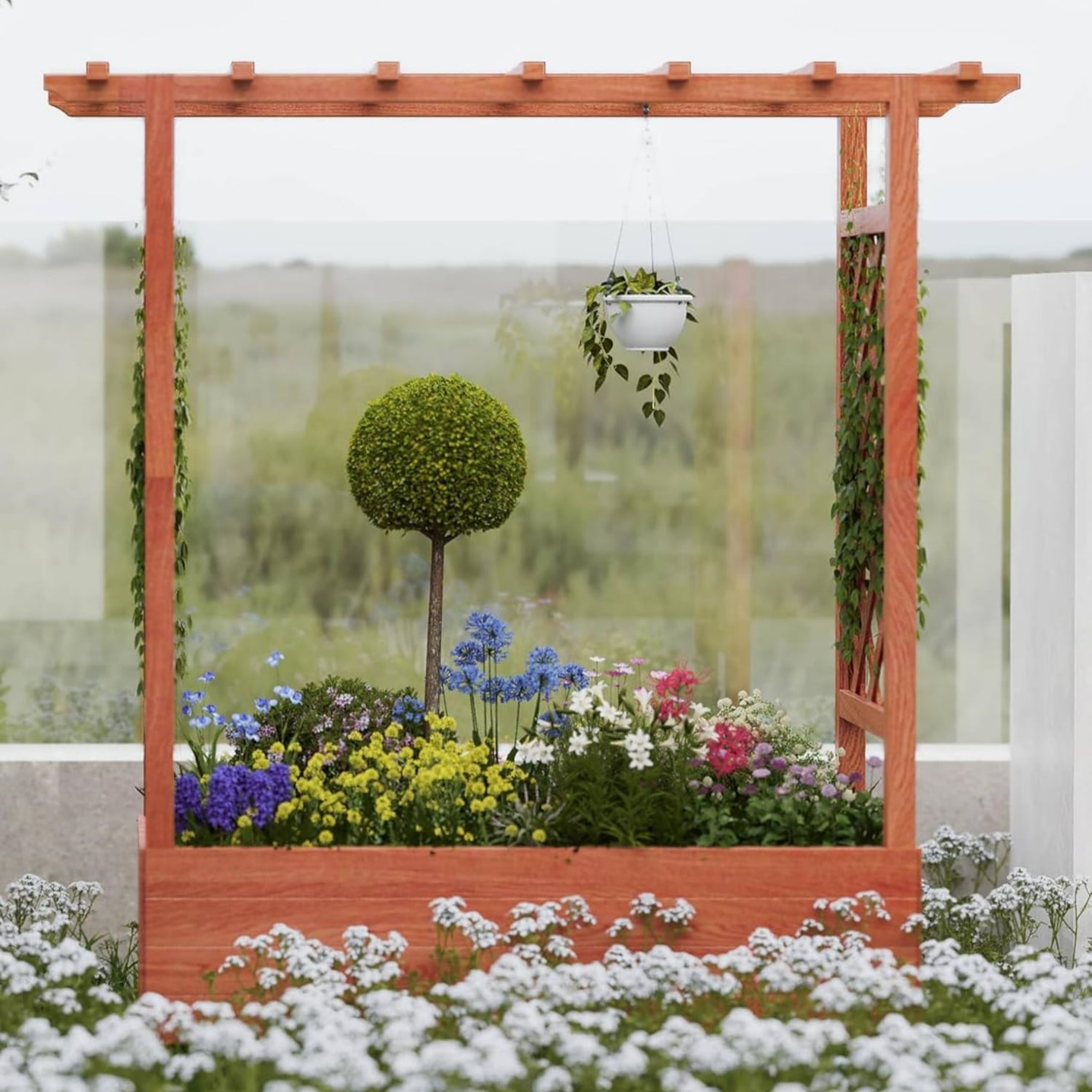Riedhoff Wooden Raised Garden Bed with Trellis, Hanging Roof & Side Trellis, 79 x 17 x 45"