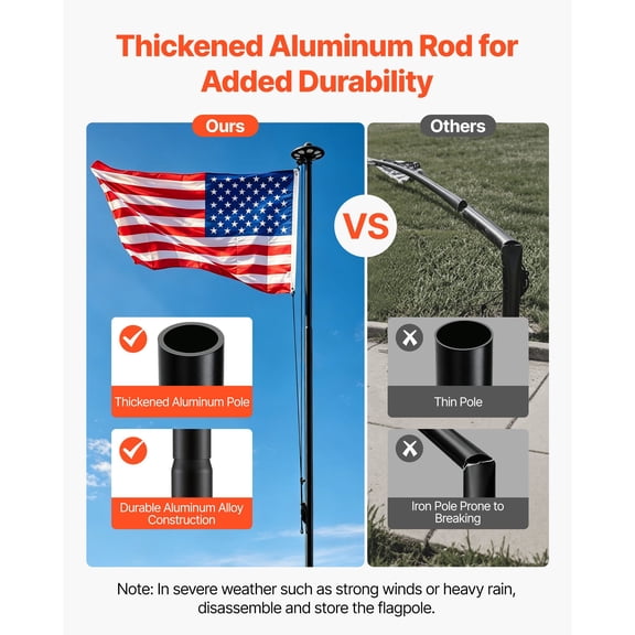 Flag Pole, 20ft Heavy Duty Sectional Flagpole Kit with 136 LED Solar Light for Outside House In Ground, Outdoor Aluminum Flagpole with 3x5 American Flag for Yard, Residential, Commercial, Black