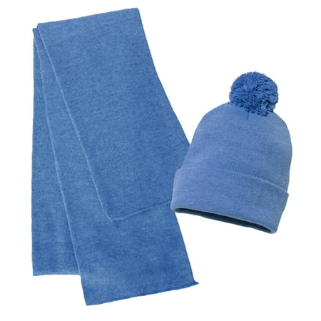 Couver Unisex Winter Sport Solid Soft Knit Acrylic Beanie Scarf Set with Pom Pom Beanie (Heather Royal)