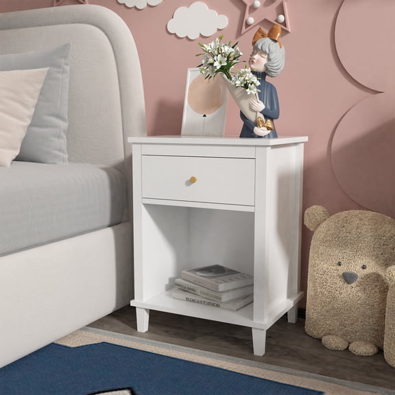 Wooden Nightstand with One Drawer One Shelf,Modern Bedside Tables for Kids,Adults,White