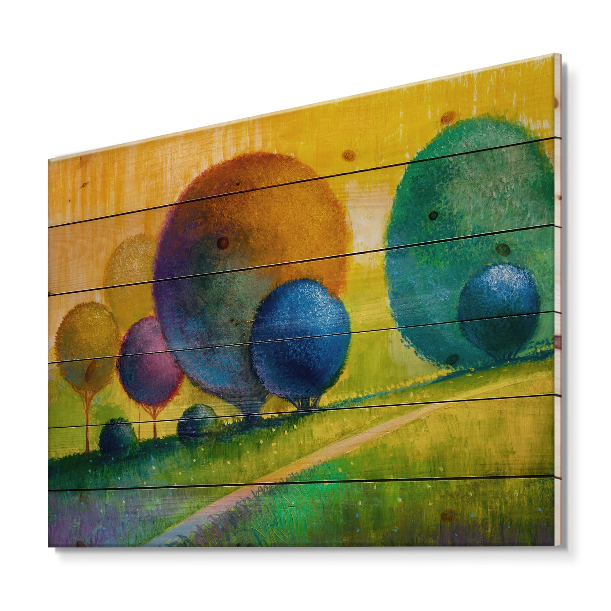 Designart 'Ornamental Colourful Trees III' Modern Print on Natural Pine Wood
