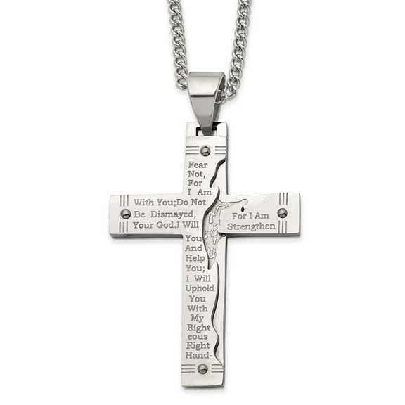 Primal Steel Stainless Steel Polished Etched Isaiah 41:10 Prayer Cross 24-inch Curb Chain Necklace