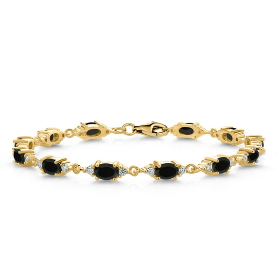 Gem Stone King 18K Yellow Gold Plated Silver Black Onyx and White Moissanite Tennis Bracelet for Women (5.71 Cttw, Gemstone Birthstone, Oval 6X4MM, 7.5 inch)