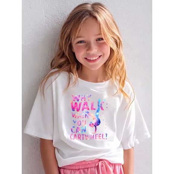 Cool Gymnastics Cartwheel Galaxy Design, The Children's Place Girls' Sports Girls Shirts Short Sleeve Soft 100% Cotton T-Shirts Plain Tees Tops Clothes Crew Neck for Kids