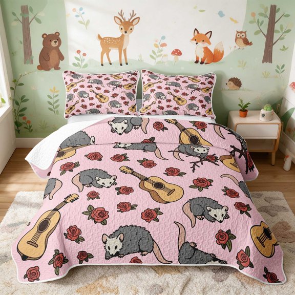 Erosebridal Opossum Twin Quilt Set for Girls, Pink Guitar Twin Coverlet Set, 2pcs 1 Bedspread and 1 Pillowcase