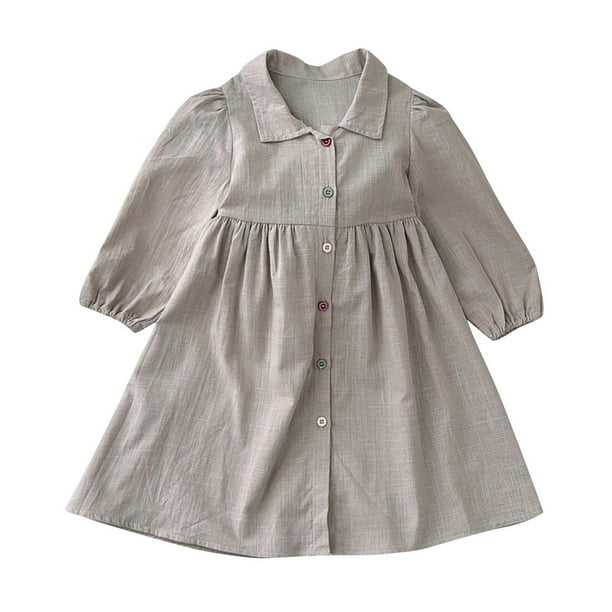 Odeerbi Vestido Camisero de Manga Larga Para Niñas Vestido A-Line de Algodón de Color Sólido Y Cuello Redondo Primavera Otoño
