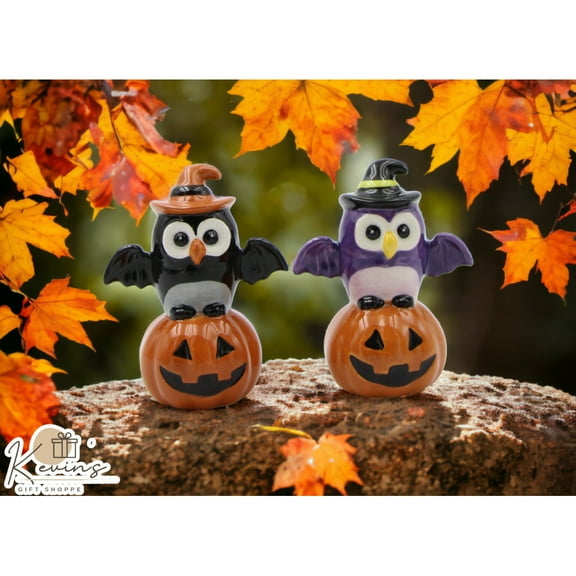 Ceramic Halloween Owl Witches Salt and Pepper Shakers