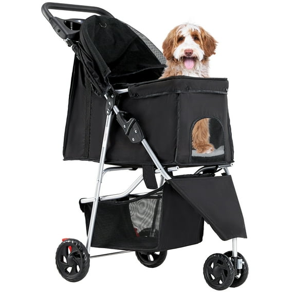 edx 3 Wheels Pet Stroller, Dog and Cat Strollers, With Storage Basket and Cup Holder, Lightweight Travel Carrier, Breathable Mesh, Waterproof and Foldable for Small Pets Outdoor Walk, Black