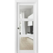 Sliding French Pocket Door 28 x 80 inches with Clear Glass 3 Lites | Lucia 2555 Matte White | Kit Trims Rail Hardware | Solid Wood Interior Bedroom Sturdy Doors