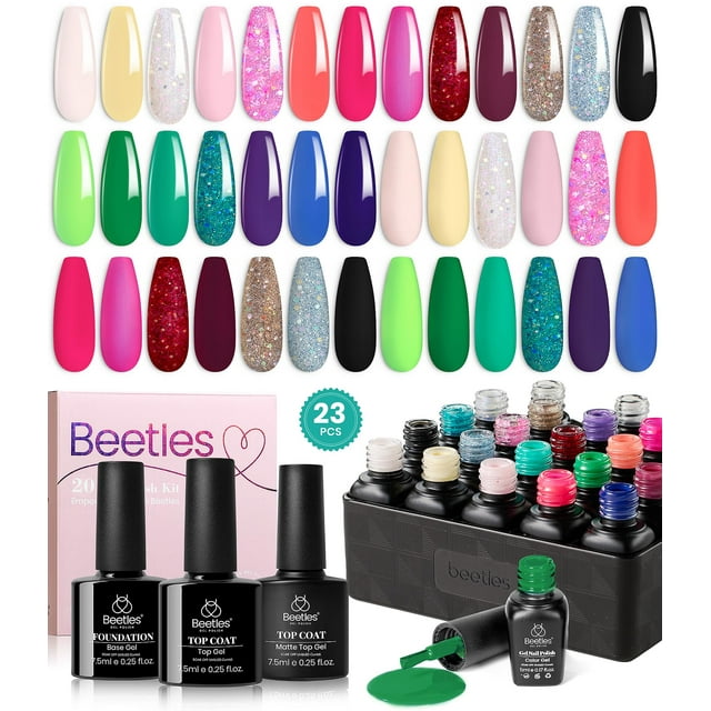 Set de esmaltes de uñas Beetles Glitter Gel, 23 unidades, con capa superior y base